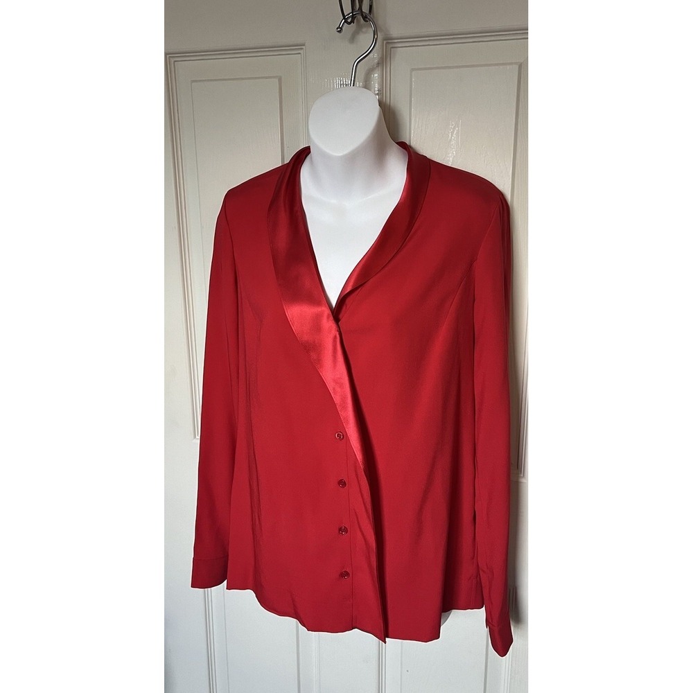 Escada Nanaka Red Silk Button Up Long Sleeve Blouse Top Womens 36 US S